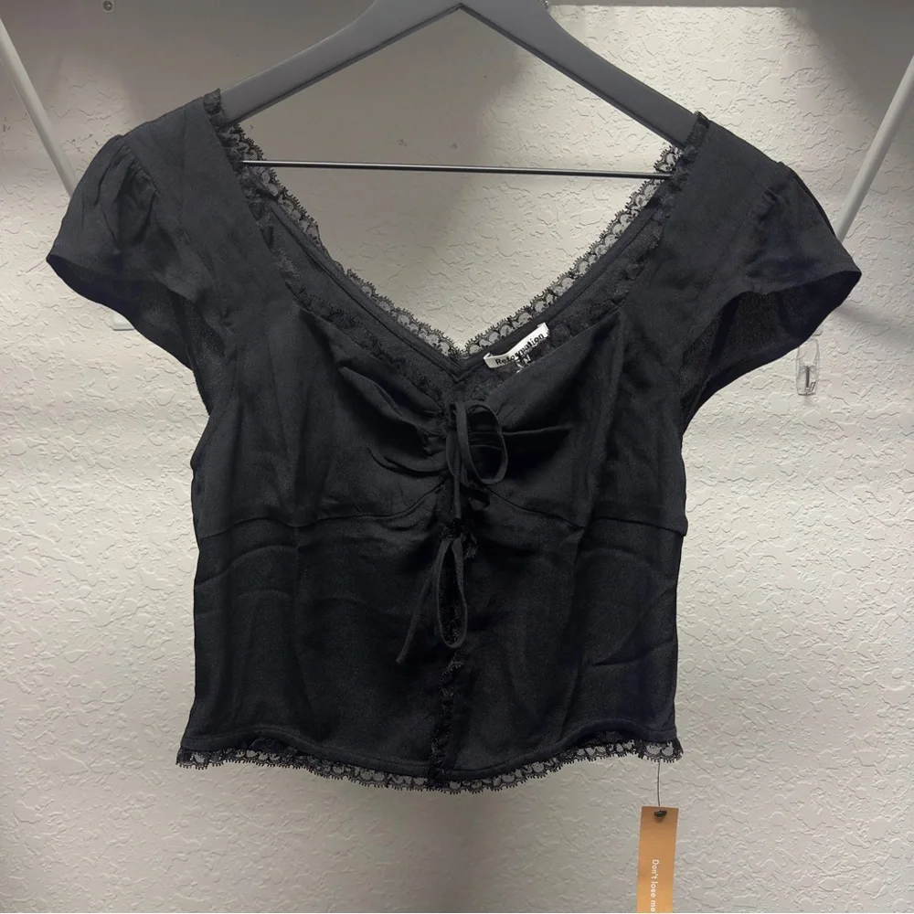 Reformation Black Lace-Trim Tie-Front Top